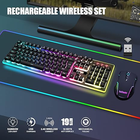 Bộ bàn phím và chuột chơi game không dây RedThunder K10, đèn nền LED, pin sạc 3800mAh, bàn phím cơ học chống hiện tượng bóng mờ + chuột 7D 3200DPI cho game thủ PC (màu đen)