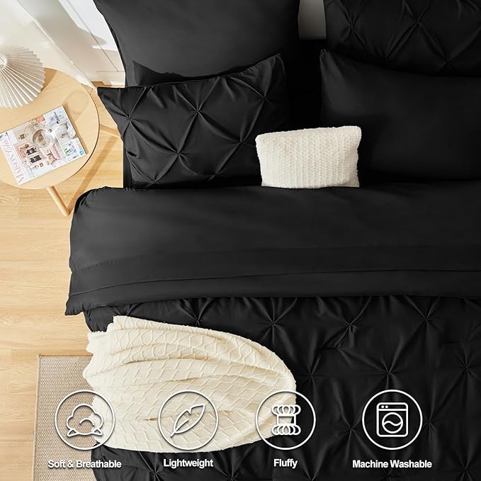 CozyLux Queen Comforter Set 7 Pieces Bed in A Bag Black Comforters Queen Size Bed Set Pintuck Pinch Pleat Complete Bedding Sets with Comforter, Flat Sheet, Fitted Sheet and Pillowcases & Shams